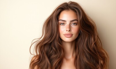 Fototapeta premium Stunning Young Woman with Glossy, Wavy Long Hair: Hair Salon Banner