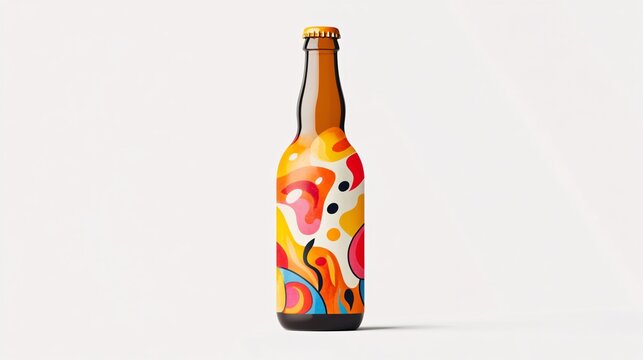 A vibrant, colorful label design for a craft beer bottle, featuring abstract artwork and bold typography, set against a white background