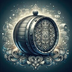 Naklejka premium Artistic illustration of a wooden barrel adorned with intricate designs, ideal for beverages, distilleries, and rustic-themed projects.