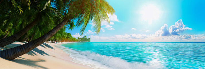 Beautiful beach scene with crystal clear blue water, white sand beach, palm trees swaying in the wind, sunny day, bright, realistic. Image generated by AI