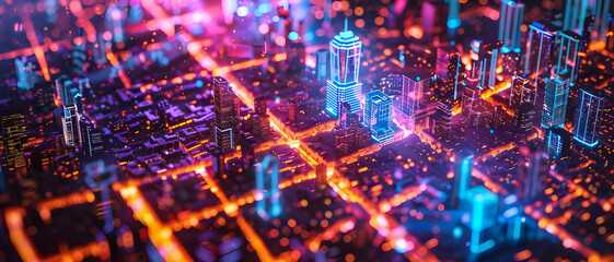 Obraz premium A futuristic cityscape illuminated by vibrant neon lights, featuring towering skyscrapers and a dynamic urban landscape at night.