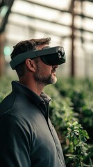 A man wears virtual reality goggles while observing plants in a greenhouse