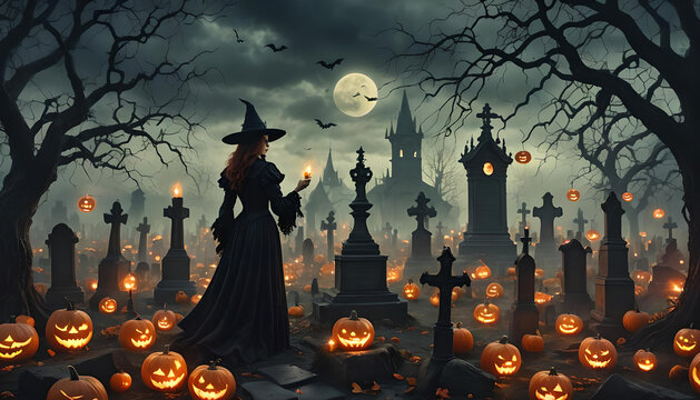 halloween Night cemetery background with pumpkins