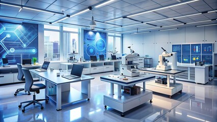 Modern laboratory filled with futuristic equipment, microscopes, and 3D printers, surrounded by whiteboards and charts, exemplifying cutting-edge innovation and scientific discovery.