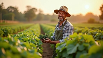 A smiling organic farmer harvests crops in a well-tended field, illuminated by natural light.