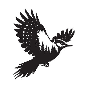 recommend clip art: silhouette of Woodpecker filled with nature view in rough drawing