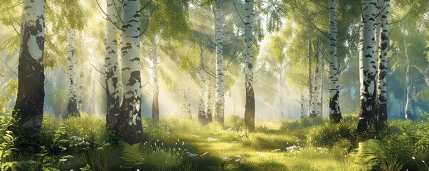 A quiet birch forest with tall trees with white bark. Sunlight filters through the trees from the left.