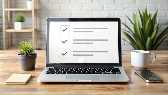 Modern laptop computer screen displaying online multiple-choice quiz or examination, with cursor hovering over answer options on a clean minimalist desk background.