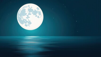 Fototapeta premium Full moon reflecting on calm water, serene night scene, flat design illustration