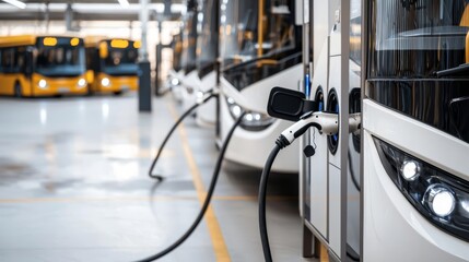 An electric bus charging station, with buses lined up and charging through overhead cables