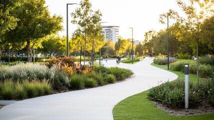 Fototapeta premium An urban park with walking and cycling paths, surrounded by native plants and trees