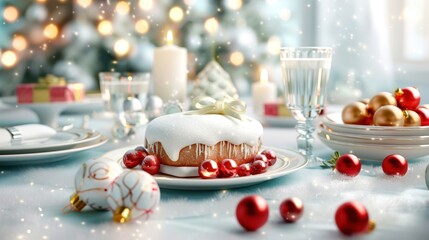 Festive table setting with a decorated cake, holiday ornaments, and candles, perfect for Christmas celebrations and cozy gatherings.