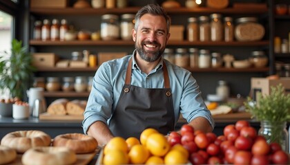 Fototapeta premium Portrait of a delicatessen owner with a friendly smile, arranging items in a well-stocked shop. Depth of field and symmetry create an advertising-style layout with space for text.