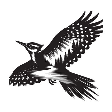recommend clip art: silhouette of Woodpecker filled with river view in rough drawing