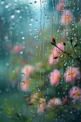 Raindrops cascading down a windowpane, with a soft-focus garden background blurred by gentle rain