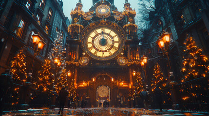 Obraz premium Christmas clock tower, holiday lights, winter street, illuminated trees, snow, Christmas scene, New Year decoration, festive architecture, city night, glowing street lamps.