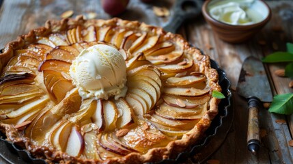 A freshly baked apple tart topped with a scoop of ice cream and garnished with almonds sits on a rustic wooden table, ready to be enjoyed.