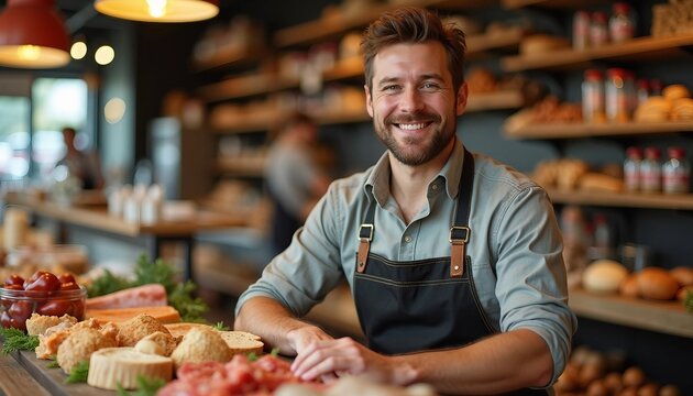Portrait of a delicatessen owner with a friendly smile, arranging items in a well-stocked shop. Depth of field and symmetry create an advertising-style layout with space for text.






