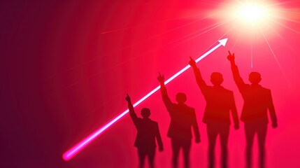 Silhouette of people pointing with an arrow, symbolizing growth, progress, and success in a vibrant red background.