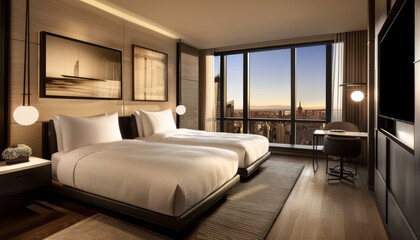 Contemporary double hotel room with minimalist design, featuring a window showcasing a picturesque city view.