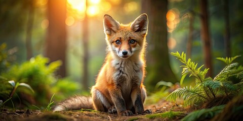 Fototapeta premium Adorable of a cute little fox sitting in a forest clearing, fox, animal, woodland, wildlife, adorable, fluffy, sitting, outdoors