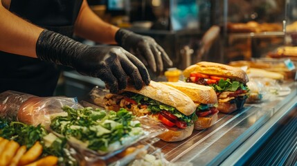 A worker assembles a sandwich filled with fresh vegetables and meats at a bustling deli counter.