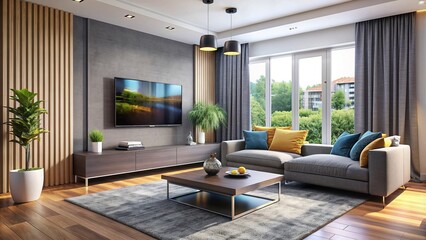 Modern living room interior with sleek, wall-mounted flat-screen television displaying vibrant colors, surrounded by comfortable gray sofa, coffee table, and floor-to-ceiling curtains.