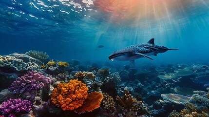 Fototapeta premium Lively coral reef at the depths of a tropical ocean with a stunning whale