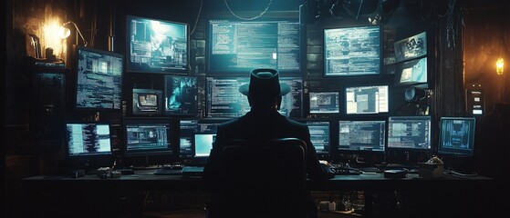 Cyber Criminal in Action Black Hat Hacker Typing Code in Dark Room with Glowing Computer Screens