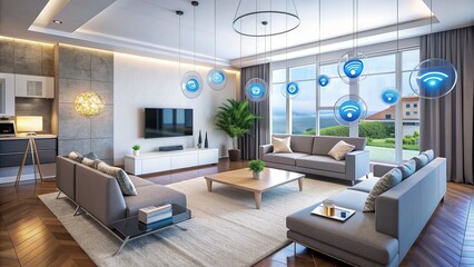 Modern living room with sleek devices interconnected through a wireless network, illustrating the concept of smart home automation and intelligent living systems integration.