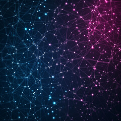 A blue background with purple and blue dots that look like stars