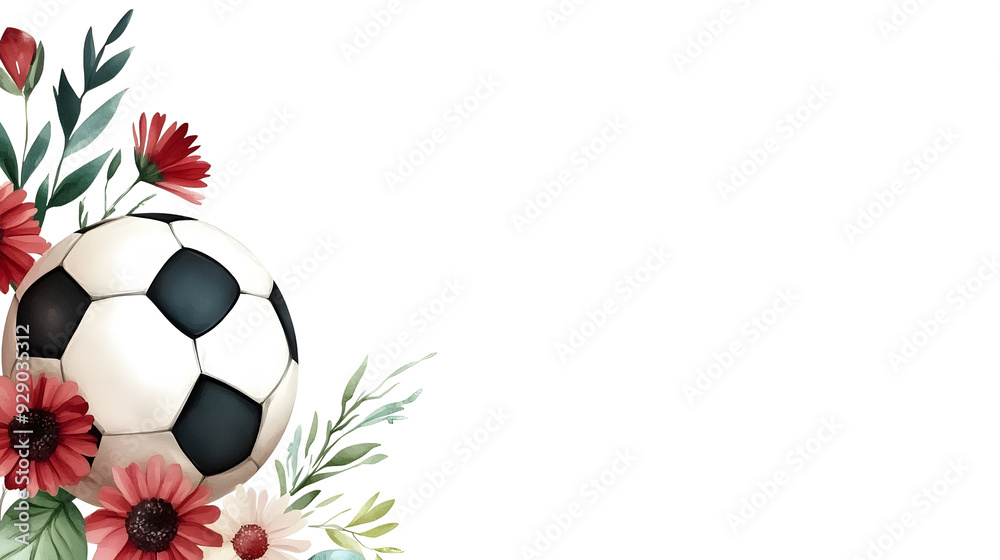 Wall mural A soccer ball surrounded by red and white flowers and green leaves on a black background.