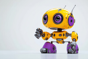 Fototapeta premium A charming yellow robot with purple accents, showcasing a playful design, ideal for technology and creative projects.