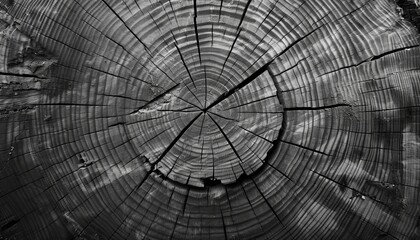 Obraz premium Close-up of warm gray cut wood texture, highlighting detailed black and white organic tree rings