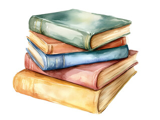 A stack of four vintage hardcover books with worn spines.  The books are in various colors and have a watercolor effect.