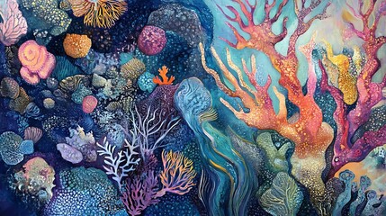 Abstract Underwater Scene with Vibrant Coral and Sea Life