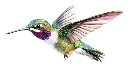 Obraz premium A vibrant hummingbird with iridescent plumage in mid-flight, wings spread wide.