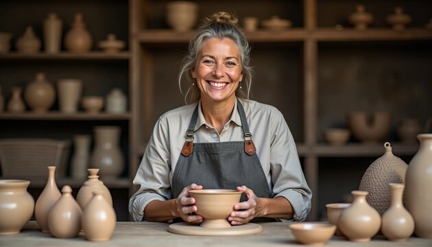 A proud potter in her studio stands by a stunning pottery piece, with earthy tones emphasizing his joyful expression and artistic chaos.