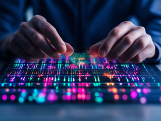 Fototapeta premium A person is holding their hands over a computer screen with a colorful display