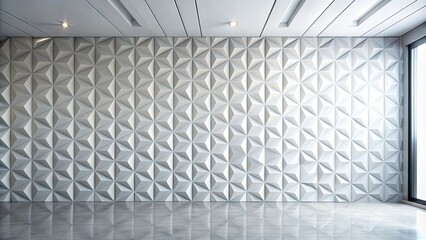 Modern minimalist interior featuring a stunning white geometric patterned wall, sleek floor, and empty space, ideal for showcasing products or artistic expressions.