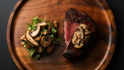 steak cut perpendicularly with sauce on top on the left and salad on the left presented on a plate