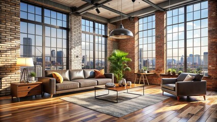 Modern minimalist living room with industrial touches, featuring exposed brick walls, sleek wooden floors, and a grand floor-to-ceiling cityscape window view.