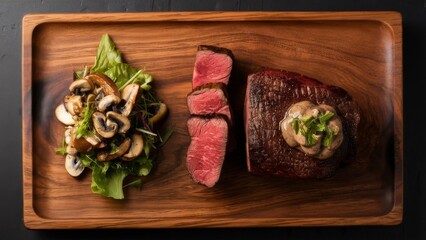 steak cut perpendicularly with sauce on top on the left and salad on the left presented on a plate