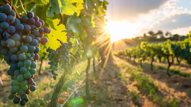 Sun shining through grapes in vineyard at sunset