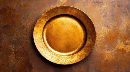 Elegant golden plate on textured brown surface