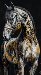 Fototapeta premium Schwarzes Pferd mit goldenem Muster und schwarzem Hintergrund