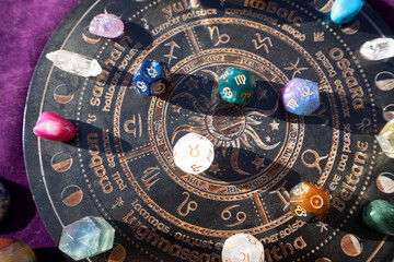 Horoscope zodiac circle with divination dice and birthstones. Fortune telling and astrology predictions charts concept, magic rituals and exoteric experience
