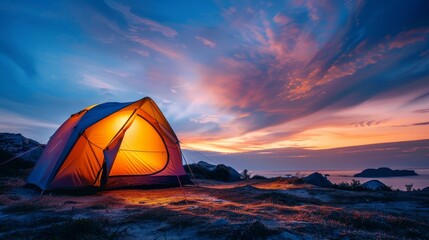 radiant tent glowing warmly at sunset on an island's edge, overlooking the serene sea and vast evening sky, capturing the peacefulness of camping in nature's embrace