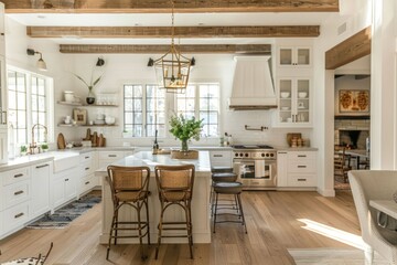 Fototapeta premium Bright and spacious modern kitchen with white cabinetry and wooden beams Featuring an island with bar stools and large windows