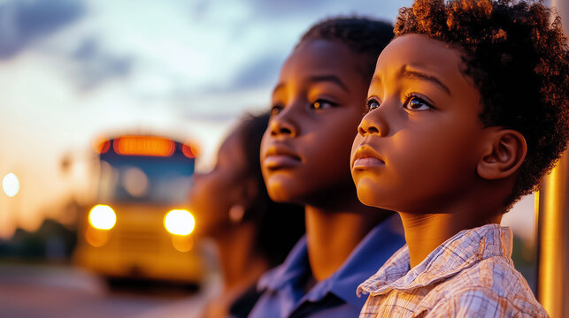 A group of thoughtful children eagerly waiting for their school bus under the beautiful sunset sky filled with vibrant colors - Powered by Adobe